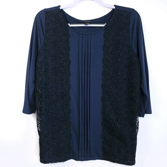 Ann Taylor Navy Top M with Lace & Pleats - Picture 1 of 11